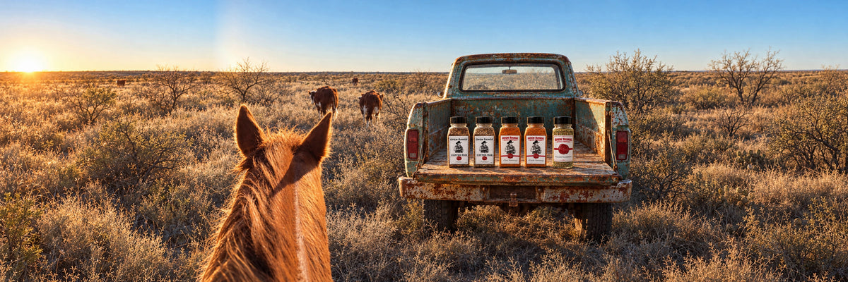 Between a horse's ears: Herefords on the open range and Open Range Spice Co. jars on an old pickup's tailgate