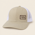 Khaki and white mesh Open Range trucker hat with brown embroidered O/R logo, three-quarter front view