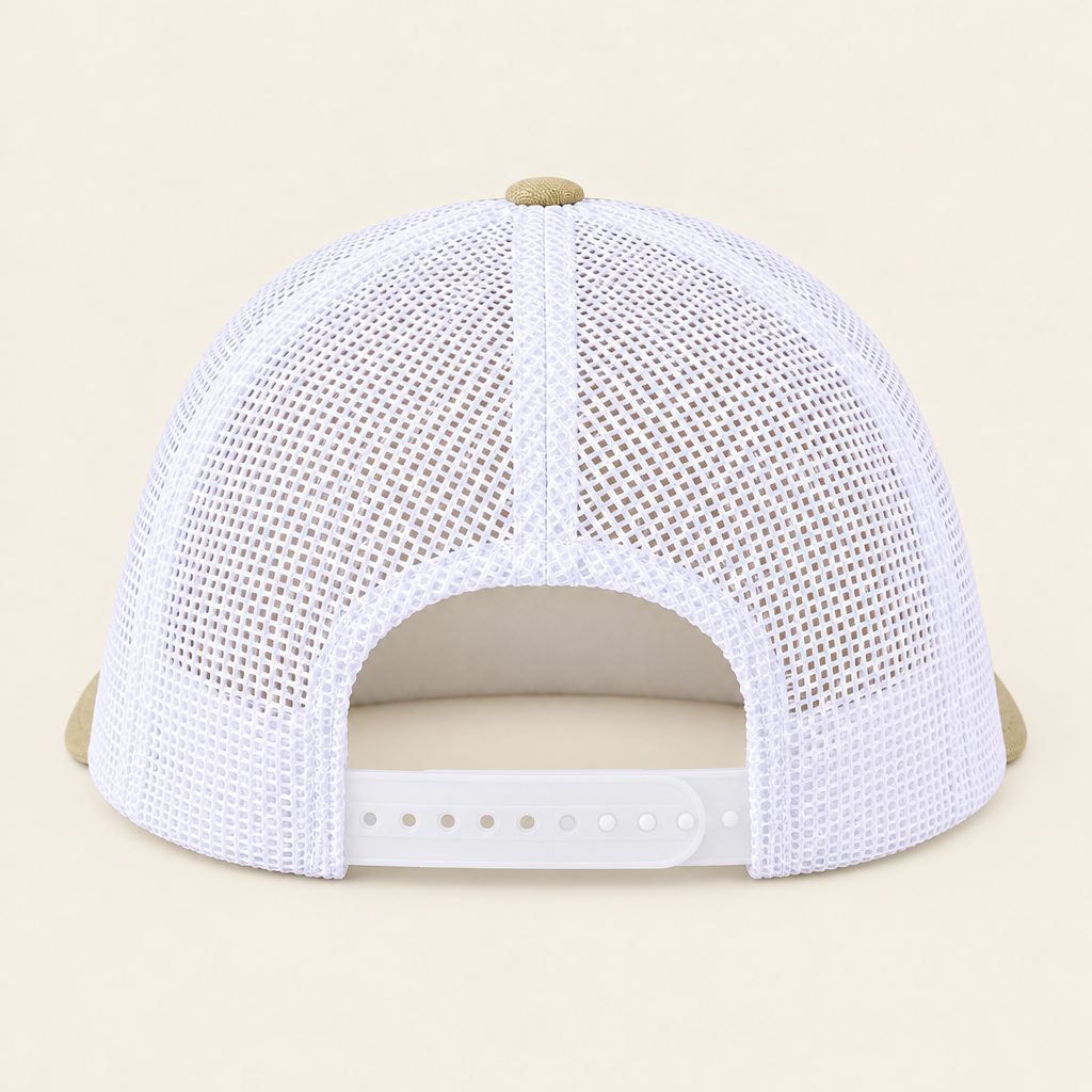 Back of the O/R trucker hat: white mesh with a white adjustable snapback strap