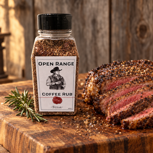 Open Range Coffee Steak Rub jar next to a sliced, seared ribeye with rosemary on a wood cutting board