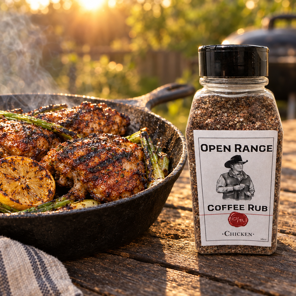 Open Range Coffee Chicken Rub jar beside a cast-iron skillet of grilled chicken thighs with charred lemon and green onions