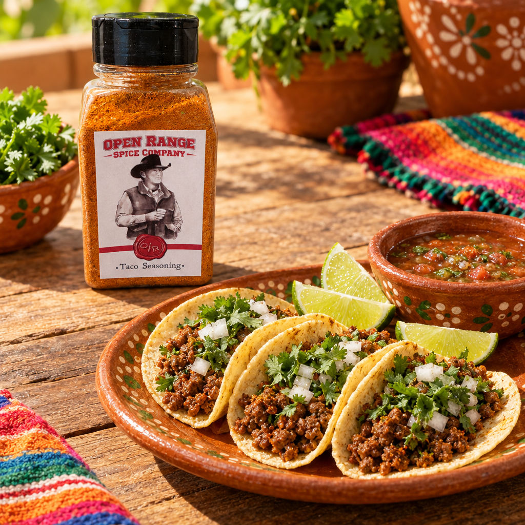 Open Range Taco Seasoning jar with three street tacos topped with onion and cilantro, lime wedges and salsa