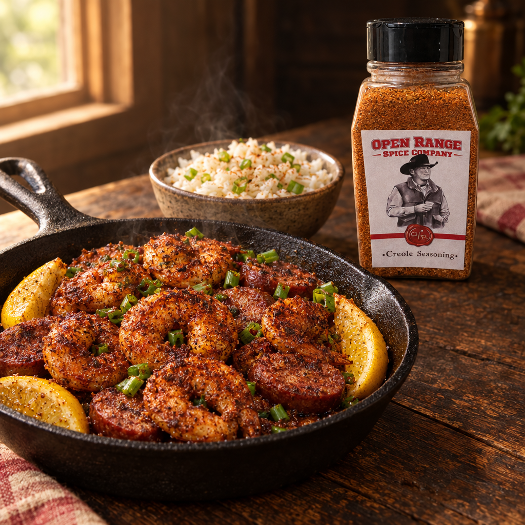 Open Range Creole Seasoning jar behind a cast-iron skillet of blackened shrimp and sausage with lemon and a bowl of rice