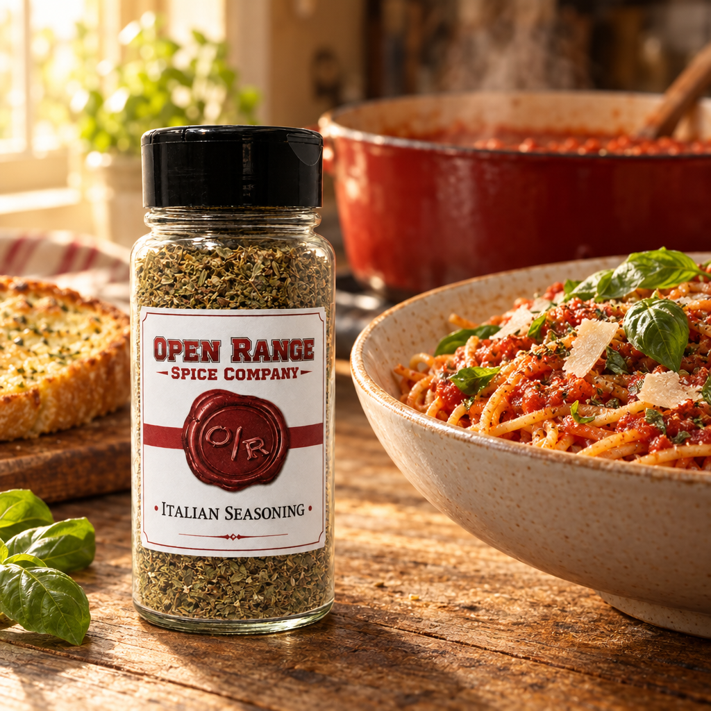 Open Range Italian Seasoning jar beside a bowl of spaghetti in red sauce with basil and parmesan, and garlic bread