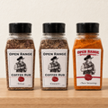Open Range Starter Trio: Coffee Steak Rub, Coffee Chicken Rub and Taco Seasoning jars side by side