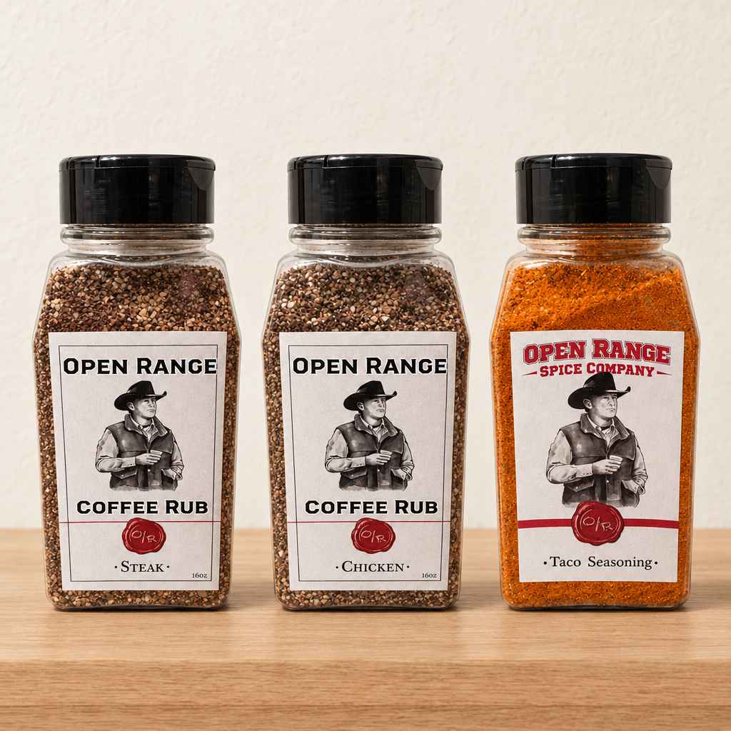 Open Range Starter Trio: Coffee Steak Rub, Coffee Chicken Rub and Taco Seasoning jars side by side