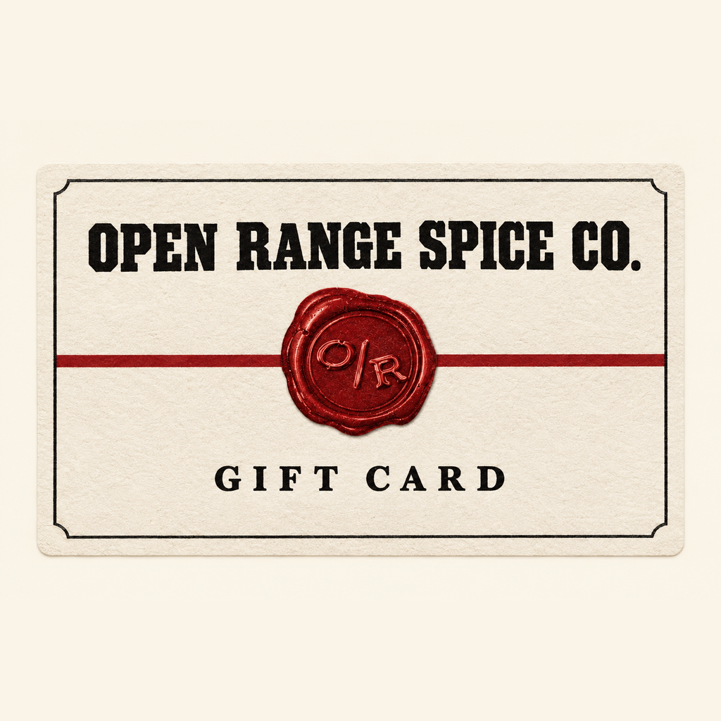 Open Range Spice Co. gift card with the red wax-seal O/R logo