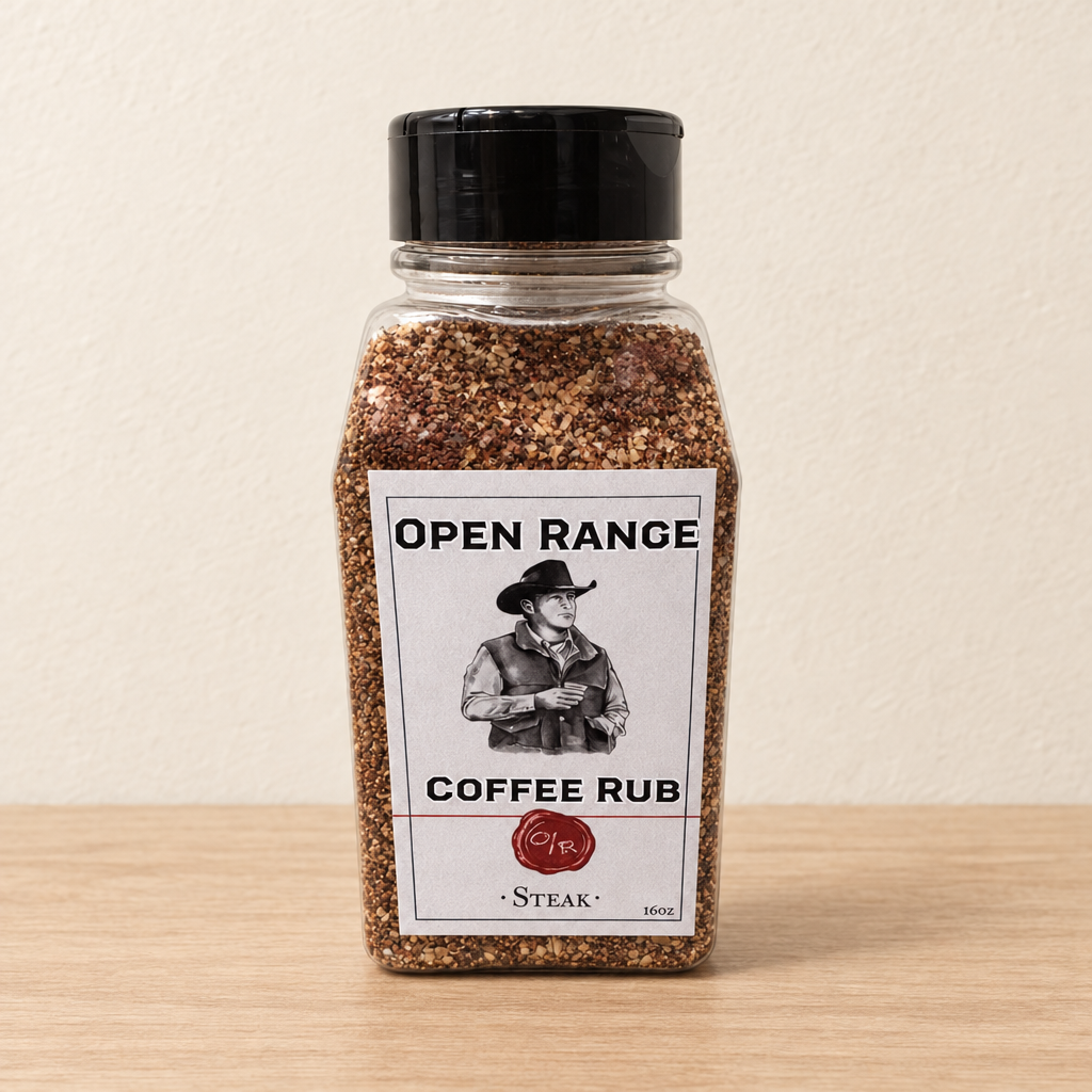 Open Range Coffee Steak Rub jar on a light oak shelf against a cream wall