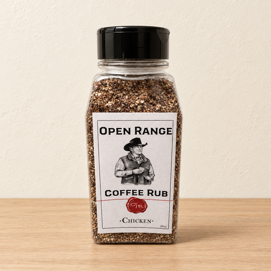 Open Range Coffee Chicken Rub jar on a light oak shelf against a cream wall