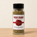 Open Range Italian Seasoning glass jar on a light oak shelf against a cream wall