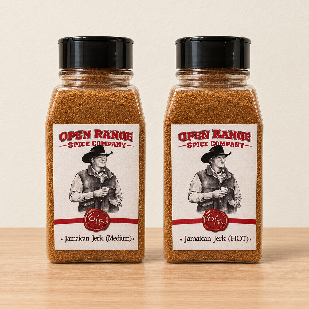 Open Range Jamaican Jerk Medium and Hot jars side by side on a light oak shelf against a cream wall