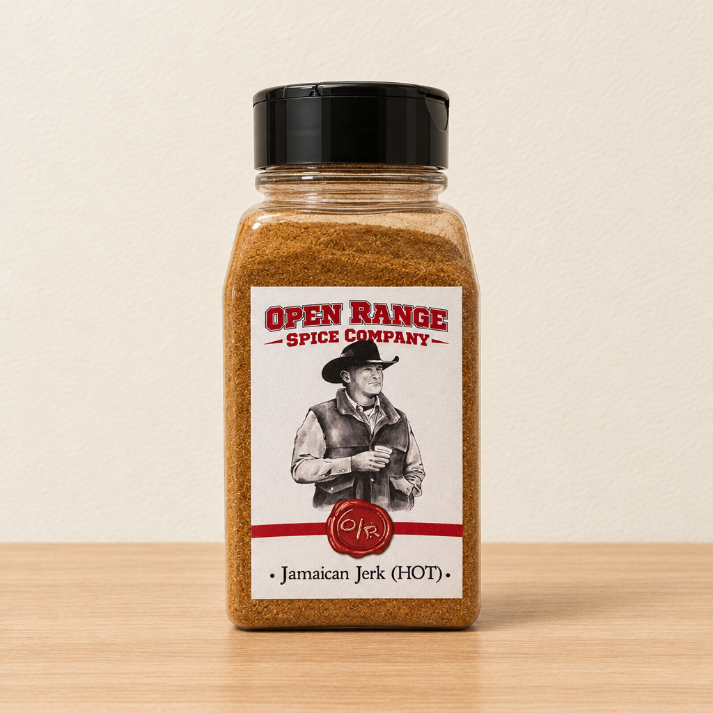 Open Range Jamaican Jerk (HOT) jar on a light oak shelf against a cream wall