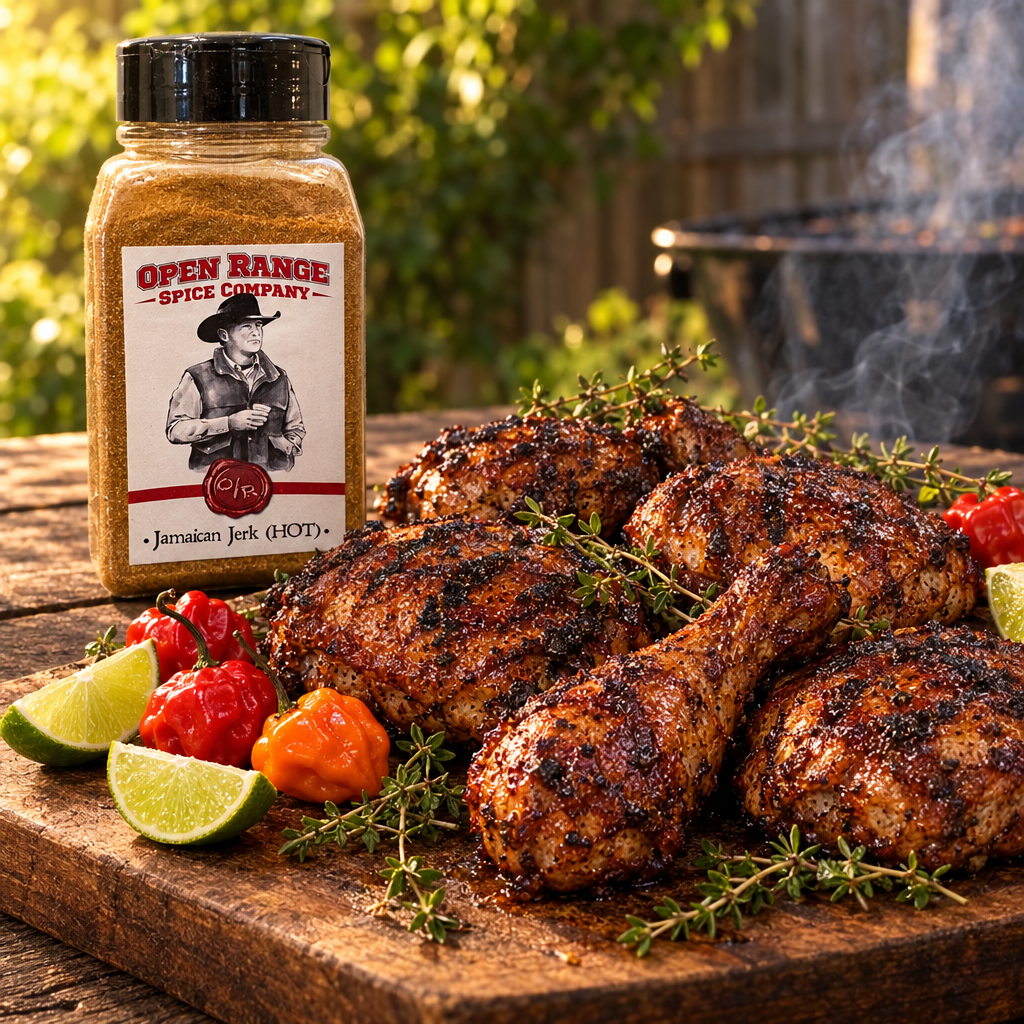 Open Range Jamaican Jerk (HOT) jar behind grilled jerk chicken on a cutting board with lime wedges, scotch bonnet peppers and thyme
