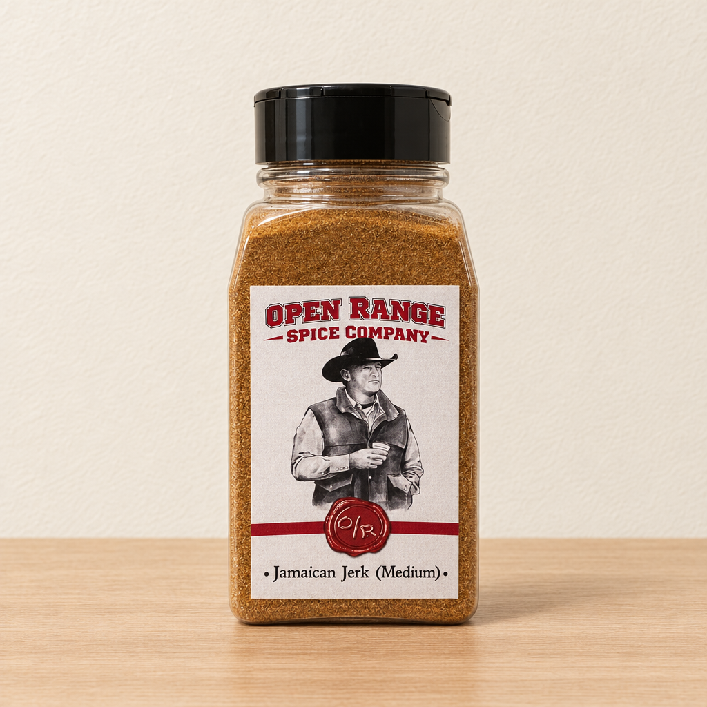 Open Range Jamaican Jerk (Medium) jar on a light oak shelf against a cream wall